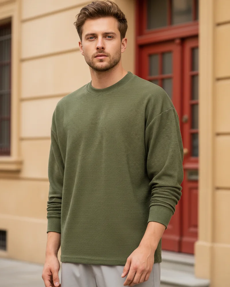 bewakoof Men's Olive Green Textured Oversized T-shirt